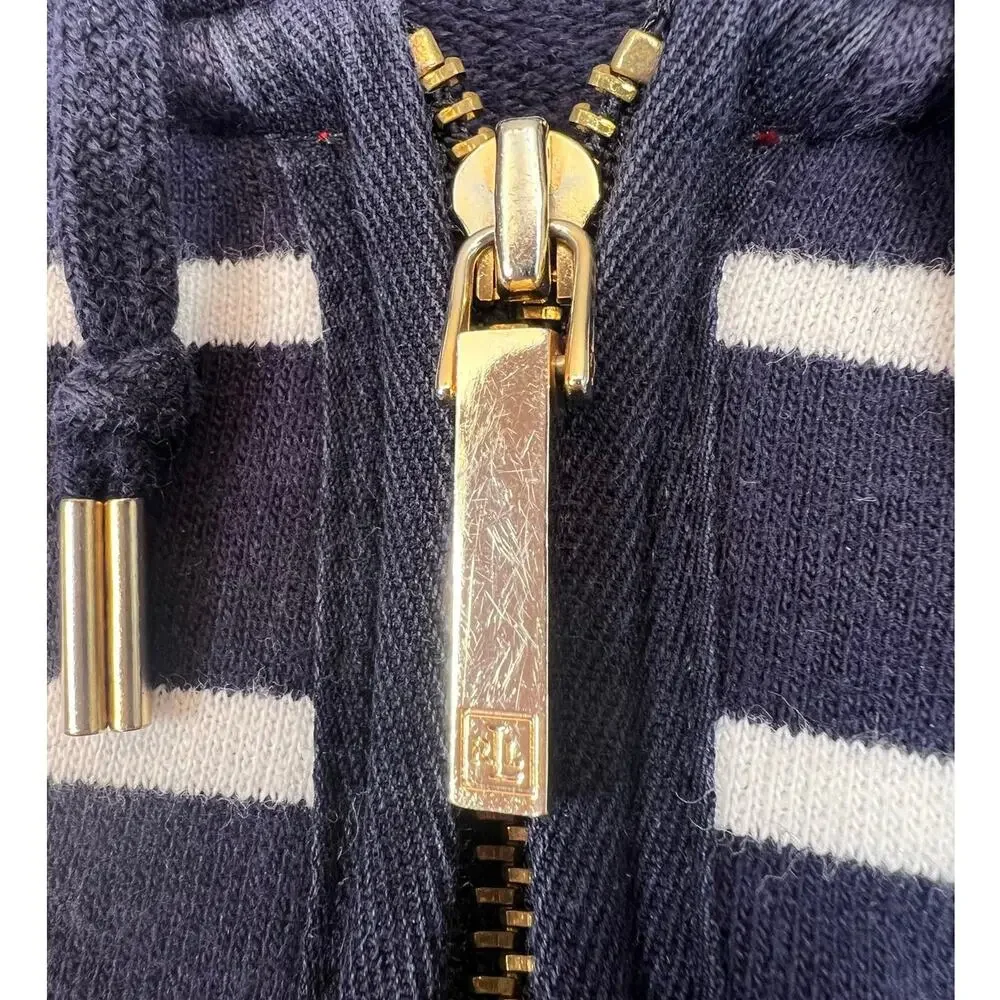 Lauren Ralph Lauren Navy Stripe Half Zip Hoodie Pullover Sweatshirt - L - Picture 6 of 10